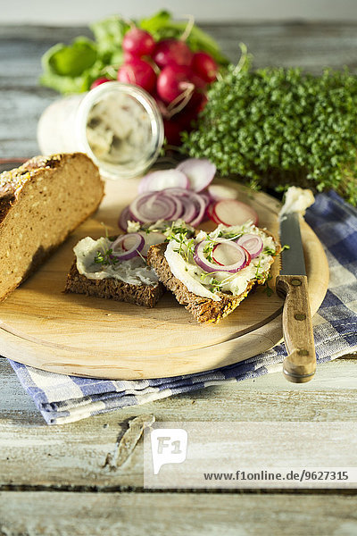 Schmalzbrot garniert mit Radieschen, Zwiebelringen und Kresse