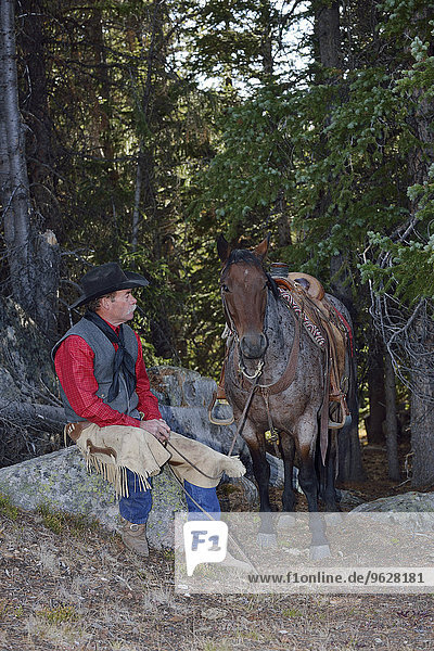 USA  Wyoming  Cowboy und Pferd beim Ausruhen