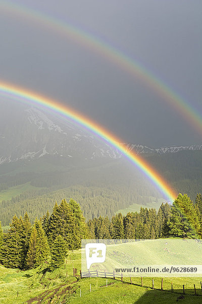 Italien  Südtirol  Seiser Alm  Doppelregenbogen vor Langkofel