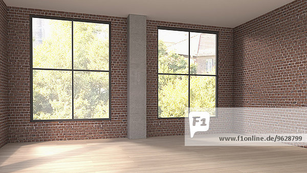 Leerer Raum mit zwei Fenstern  3D-Rendering