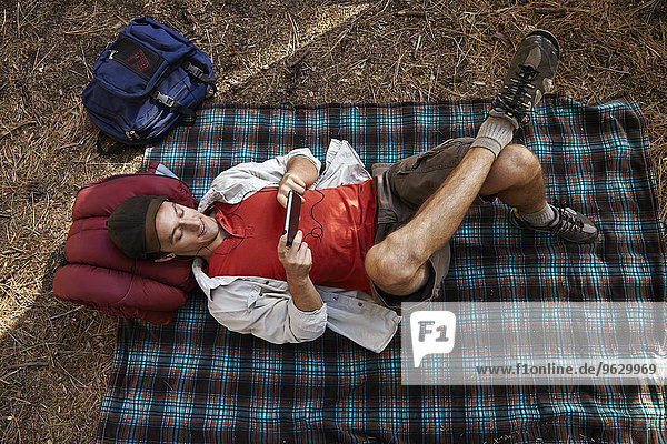 Overhead-Ansicht eines jungen männlichen Camper auf Picknickdecke im Wald  Los Angeles  Kalifornien  USA