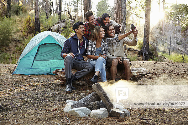 Vier junge erwachsene Freunde nehmen Smartphone Selfie am Lagerfeuer im Wald  Los Angeles  Kalifornien  USA