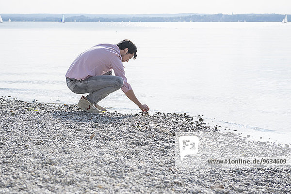 Young man gathering stones beach water