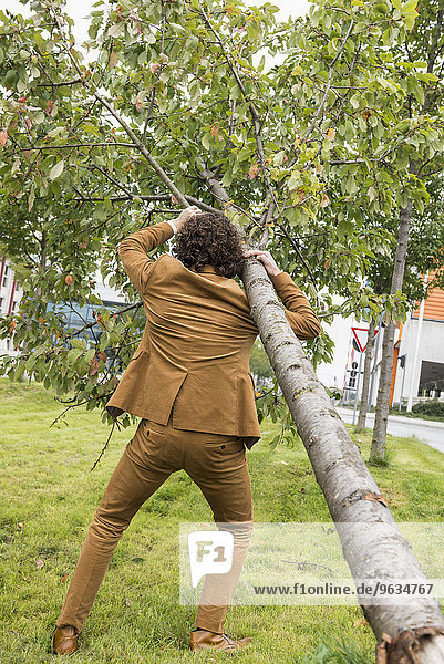 Businessman carrying fallen tree strength suit