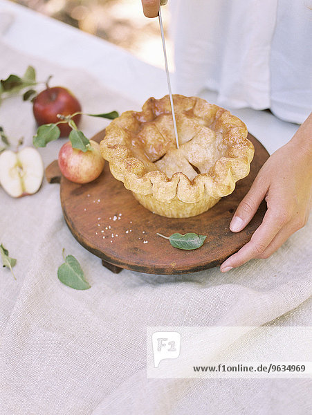 An apple orchard in Utah. Woman standing at a table with food  an apple pie.