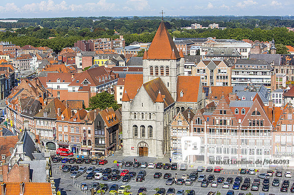 Grand Place  view from the belfry onto the historic centre  Church of St. Quentin  Tournai  Hainaut  Belgium  Europe