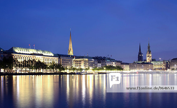 View across the Inner Alster towards representative office buildings  hotels  and commercial buildings on Jungfernstieg promenade  Hamburg  Germany  Europe