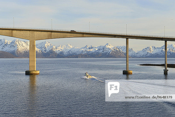 Boot fährt auf die Hadselbrücke zu  dahinter die schneebedeckte Berggipfel der Insel Hinnøya  Langøysund  bei Stokmarknes  Nordland  Vesterålen  Norwegen  Europa