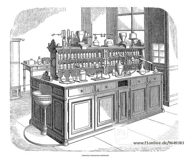 Chemisches Laboratorium  Arbeitstisch  Illustration aus Meyers Konversationslexikon  1897