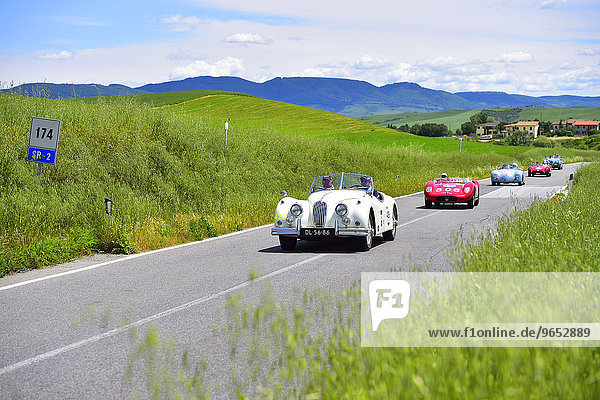 Oldtimer  vorne Jaguar  1956  auf Straße im Konvoi  Mille Miglia  1000 Miglia 2014  San Quirico d'Orcia  Siena  Toskana  Italien  Europa