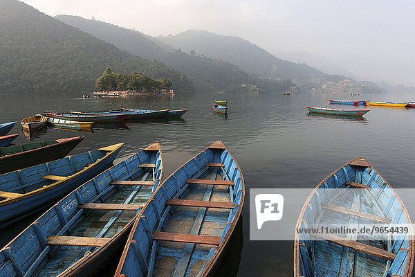 Bunte Boote auf dem Phewa See  Pokhara  Nepal  Asien