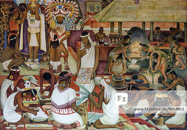 Kunsthandwerker  farbige Freskomalerei von Diego Riviera in den Arkadengängen des Palacio Nacional  Zoccalo  Mexiko-Stadt  Mexiko  Nordamerika