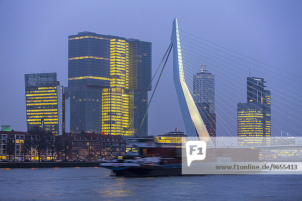 Skyline on the Nieuwe Maas river  Erasmus Bridge and skyscrapers in the Kop van Zuid quarter  Rotterdam  Holland  The Netherlands  Europe