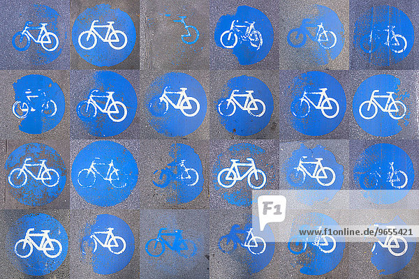 Collage von Radweg-Markierungen auf Straßenbelag  teils schon sehr abgefahren