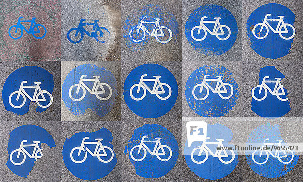 Collage von Radweg-Markierungen auf Straßenbelag  teils schon sehr abgefahren