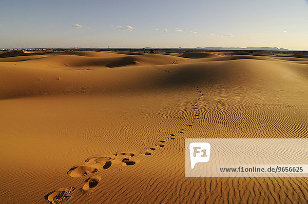 Fußspuren in den Sanddünen der Sahara  Merzouga  Marokko  Afrika