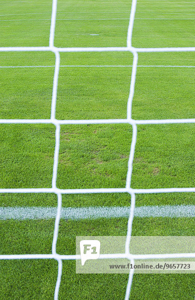 Fussballfeld: Blick durch das Tornetz über die Torlinie auf den Elfmeterpunkt