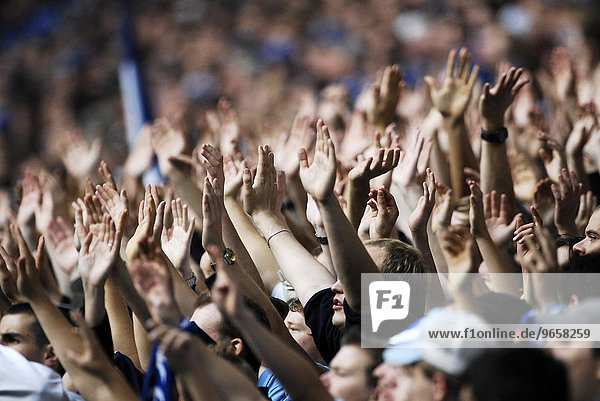 German soccer fans  football supporters of FC Schalke 04 raising their hands in support of their team  Gelsenkirchen  North Rhine-Westphalia  Germany  Europe