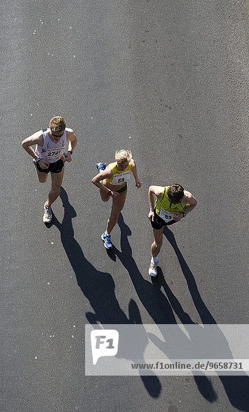Marathon runners seen from above  Duesseldorf City Marathon  04.05.2008  North Rhine-Westphalia  Germany  Europe