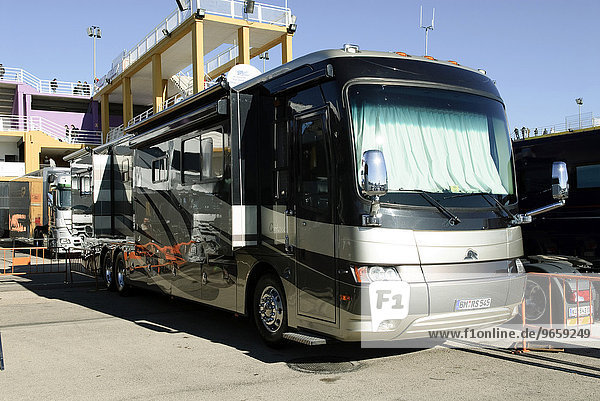 Michael Schumacher's motor home  borrowed from his brother Ralf  during Formula 1 test driving in Valencia  Spain  Europe