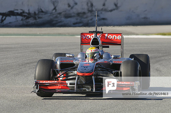 Lewis Hamilton  GB  in the McLaren MP4-25 racing car during Formula 1 tests at the Circuit de Catalunya racetrack  Spain  Europe