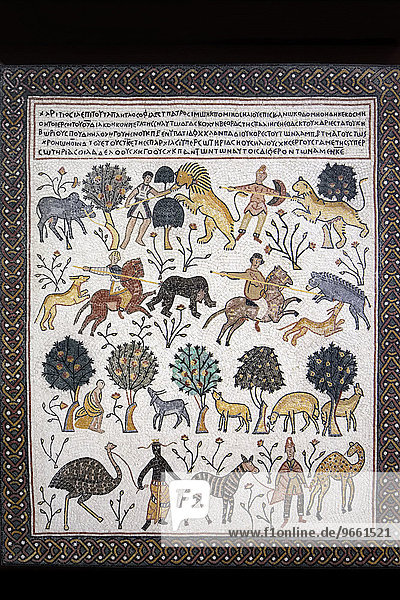 Replik  berühmtes Mosaik in byzantinischer Franziskaner-Klosterkirche  Berg Nebo  bei Madaba  Jordanien  Asien