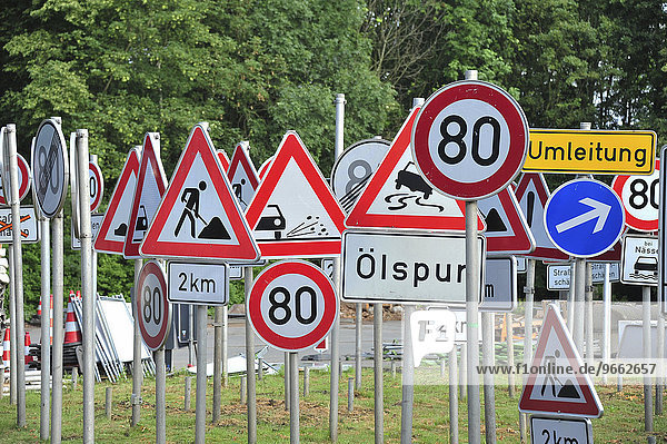 Traffic signs  highway maintenance agency  Gelsenkirchen  North Rhine-Westphalia  Germany  Europe