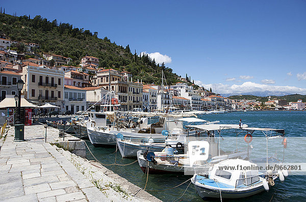 Harbour promenade with fishing boats  Gytheio  Peloponnese  Greece  Europe