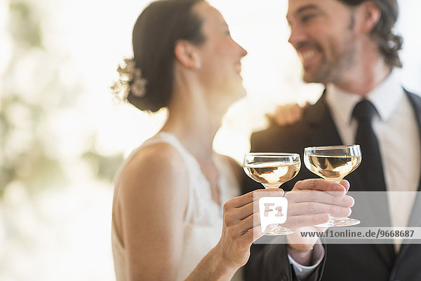 Braut Bräutigam zuprosten anstoßen Champagner