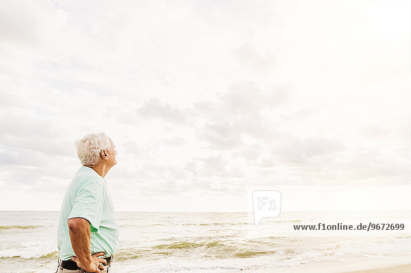 stehend Senior Senioren Mann Strand Ansicht Seitenansicht