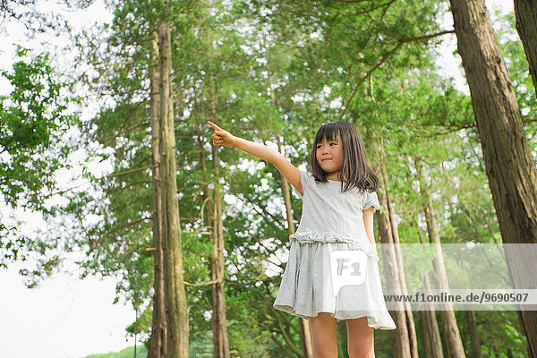 Japanese kid on tree trunk in a park