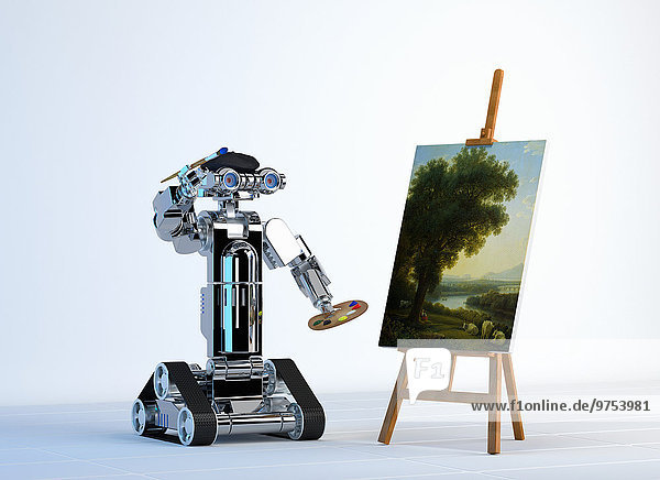Roboter-Maler malt auf einer Leinwand