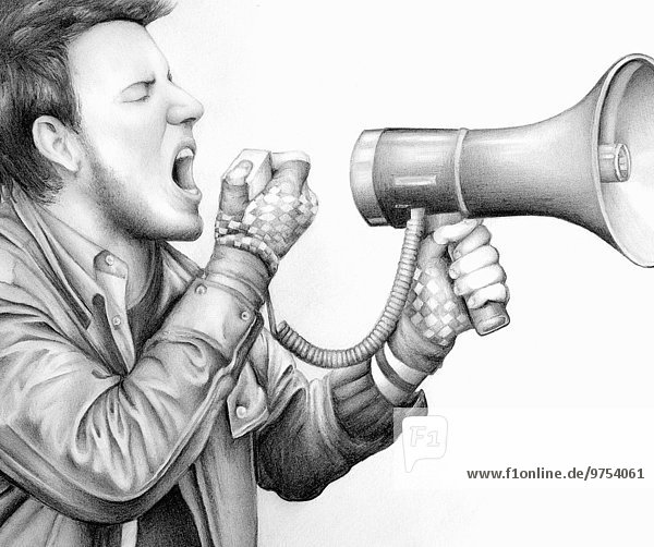 Close up pencil drawing of protester shouting into megaphone