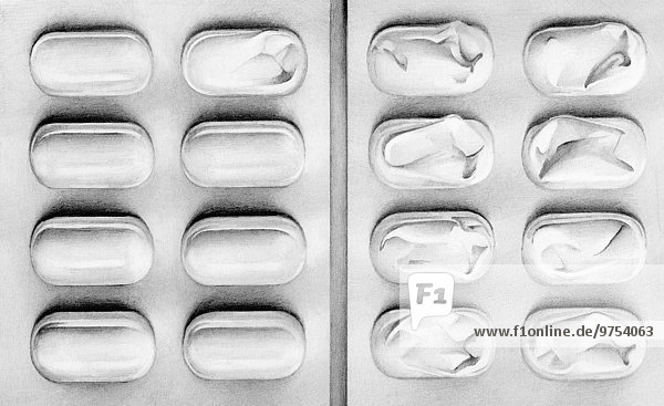 Close up of pencil drawing of two pill blister packs