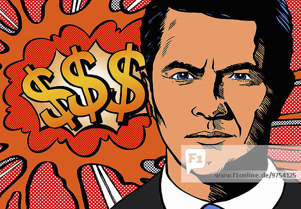 Ernster Geschäftsmann sorgt sicher über Finanzen mit explodierendem Dollarzeichen