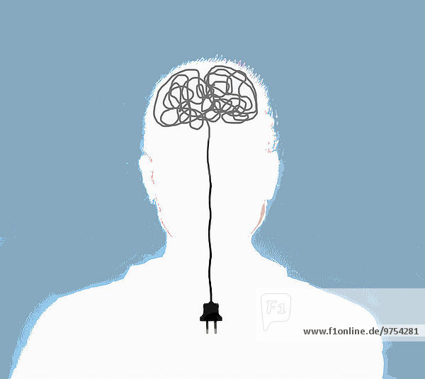 Mann mit herausgezogenem verworrenen Kabel im Gehirn