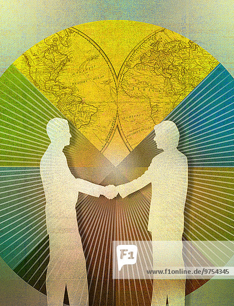 Geschäftsmann und Geschäftsfrau schütteln die Hände vor Weltkarten-Tortendiagramm