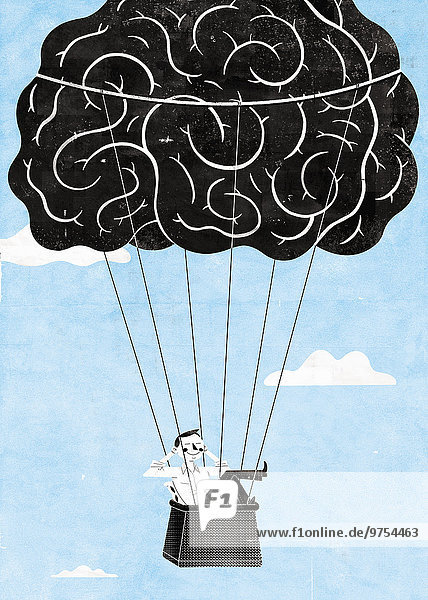 Glücklicher Mann entspannt in einem Gehirn-Heißluftballon