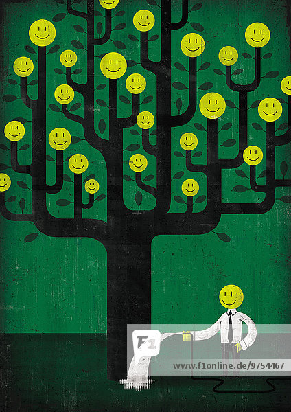 Smileys wachsen auf Bäumen bewässert von einem Smiley-Geschäftsmann