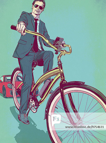 Cooler Geschäftsmann auf teurem Fahrrad anstelle eines Sportwagens