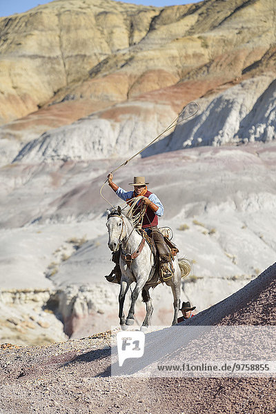 USA  Wyoming  Big Horn Mountains  Reiten Cowboy Swinging Lasso