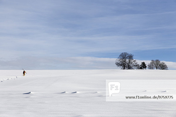 Deutschland  Baden-Württemberg  Waldshut-Tiengen  Wanderer mit Skiern in Winterlandschaft