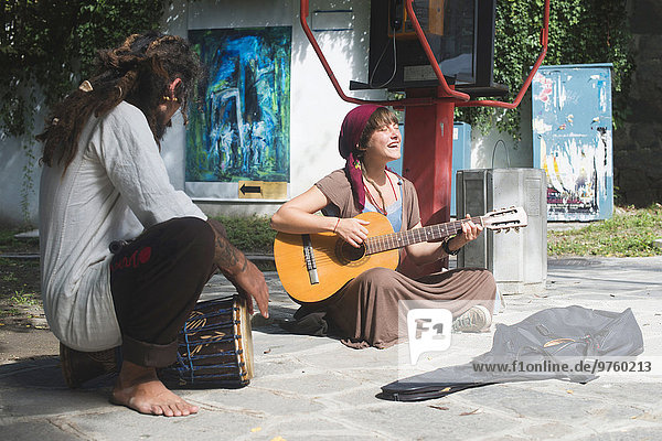 Bulgaria  Plovdiv  two street musicians making music
