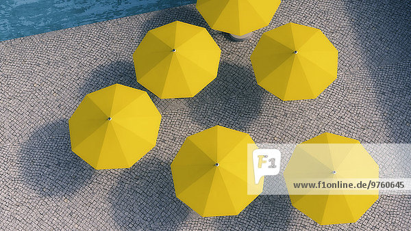 Sechs gelbe Sonnenschirme im Innenhof  3D-Rendering