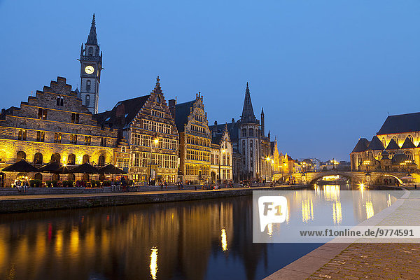 Buildings lit up at night along the Graslei  a Medieval Port in the Historic Center of Ghent  Belgium  Europe