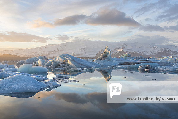 Nationalpark Winter Ecke Ecken Sonnenuntergang über Vatnajökull Eis Island Jökulsárlón Lagune