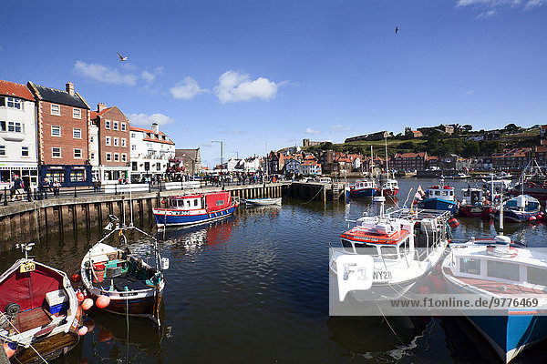 Boats in Whitby Upper Harbour in summer  Whitby  Yorkshire  England  United Kingdom  Europe