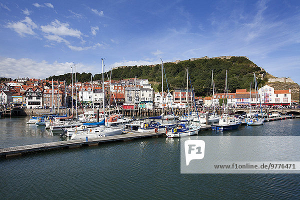 Yachts moored in the Old Harbour below Castle Hill  Scarborough  Yorkshire  England  United Kingdom  Europe
