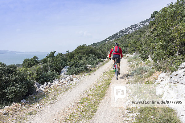 A mountain cyclist cycling around Vransko Jezero Lake  Dalmatia  Croatia  Europe