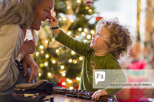 nahe Europäer Spielzeug Weihnachtsbaum Tannenbaum Großmutter Enkelsohn spielen